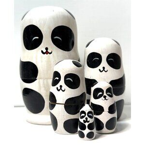 Nesting Panda Bear Family Wooden Doll Statues